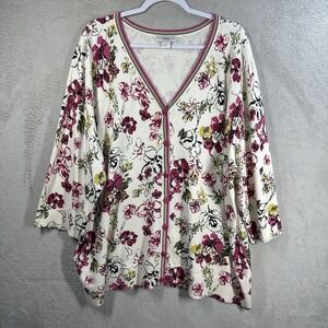 CJ Banks Multicolor Pink Floral Cardigan Sz 3X 3/4 Sleeve Button Front Spring